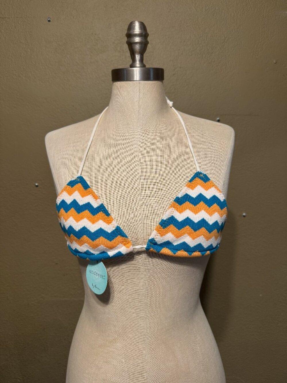 UNDREST BIKINI TOP CHEVRON PATTERN PEACH TEAL OFF-WHITE ONE SIZE MADE IN CALIF
